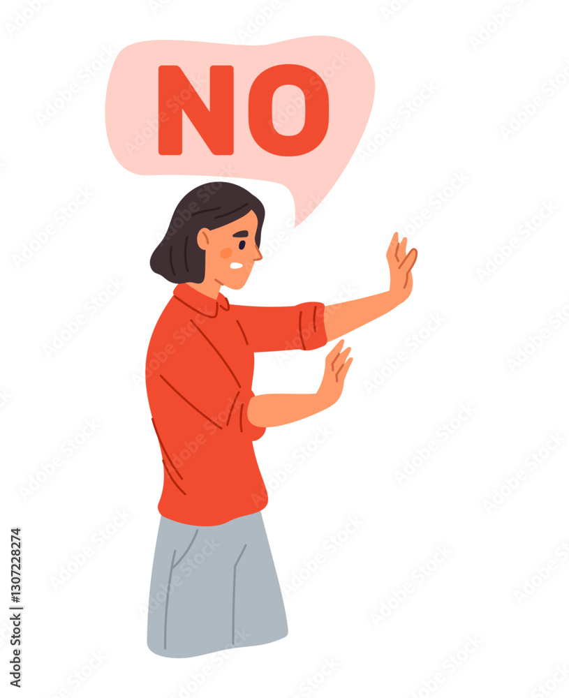 Woman with forbidding hands gesture. Rejection expression. Disagree and avoid. Stop palms. No speech bubble. Ban and decline pose. Displeased emotion. Disapprove answer. Vector concept Woman with forbidding hands gesture. Rejection expression. Disagree and avoid. Stop palms. No speech bubble. Ban and decline pose. Displeased emotion. Disapprove answer. Vector concept