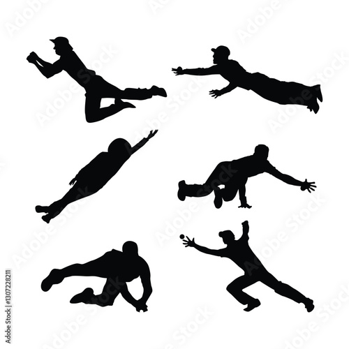 Set of diving catch cricket fielder catch, wicket keeper catch illustration black silhouette Vol 03