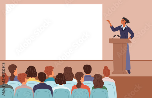 Woman lecturer speaks people on stage. Professor at tribune. University seminar. School education. Teacher standing in front of students audience. Academic auditorium. Vector concept