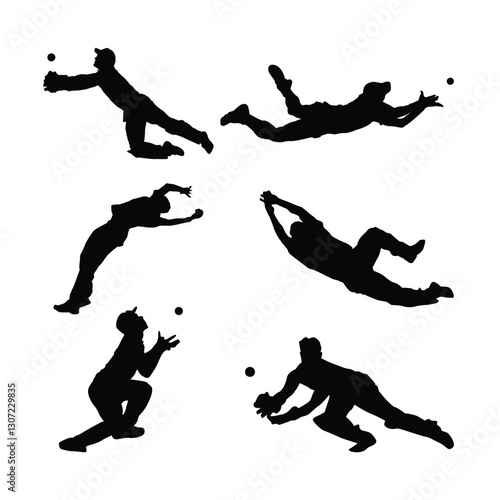 Set of diving catch cricket fielder catch, wicket keeper catch illustration black silhouette Vol 01