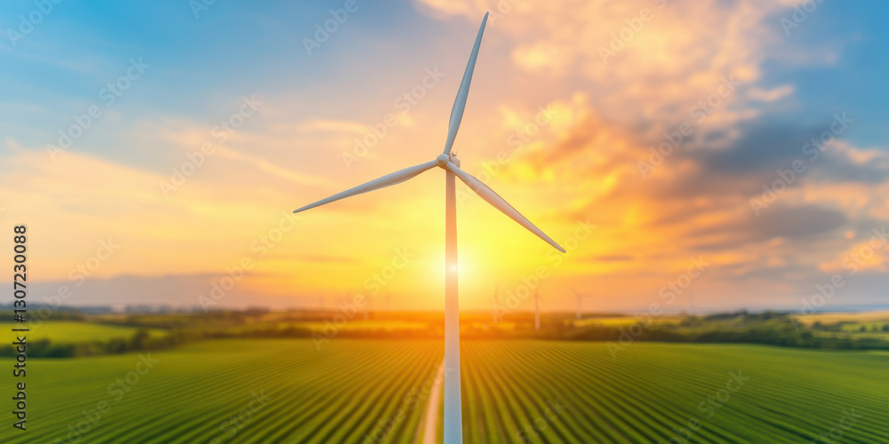 Obraz premium wind turbine stands tall against vibrant sunset over green fields, symbolizing renewable energy