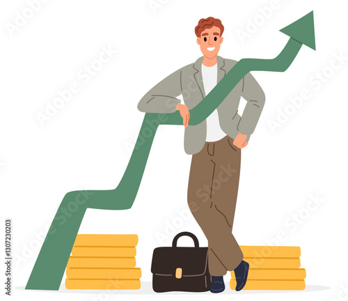 Successful businessman with growing schedule. Investment profit. Money growth arrow chart. Financial savings. Happy business man with briefcase. Success and finance progress. Vector concept