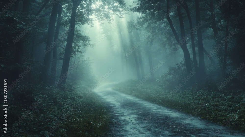 Naklejka premium A serene forest path shrouded in mist, illuminated by soft rays of light filtering through the trees.