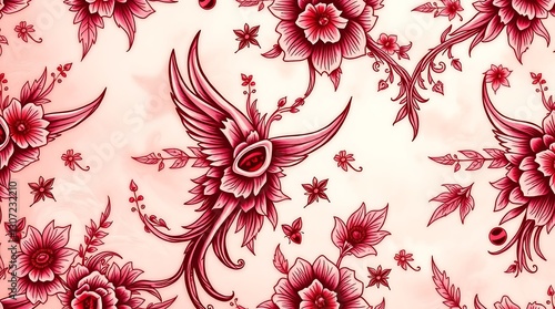Vintage Floral Pattern: A vintage-style floral pattern with repeating designs featuring stylized flowers and a phoenix in a symmetrical arrangement, presented in a classic color scheme.