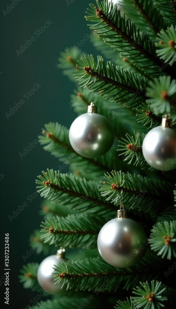 Pine tree branch decorated with metallic silver Christmas balls, pine, ornaments, branches Pine tree branch decorated with metallic silver Christmas balls, pine, ornaments, branches