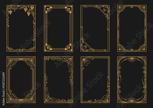 Golden art deco frames. Luxury decorative design elements. Geometric and plant parts. Modern card borders. Victorian ornament. Line gold framework. Floral flourish. Splendid vector set