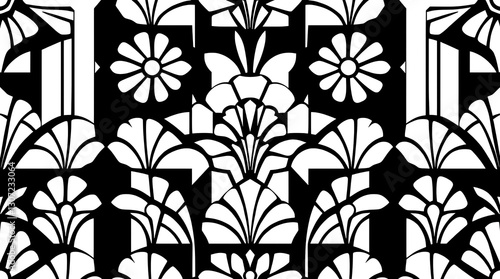 Art Deco Floral Pattern: A striking, monochrome art deco floral pattern, with a strong graphic design of stylized flowers and symmetrical elements, exuding a sense of elegance and vintage charm. 