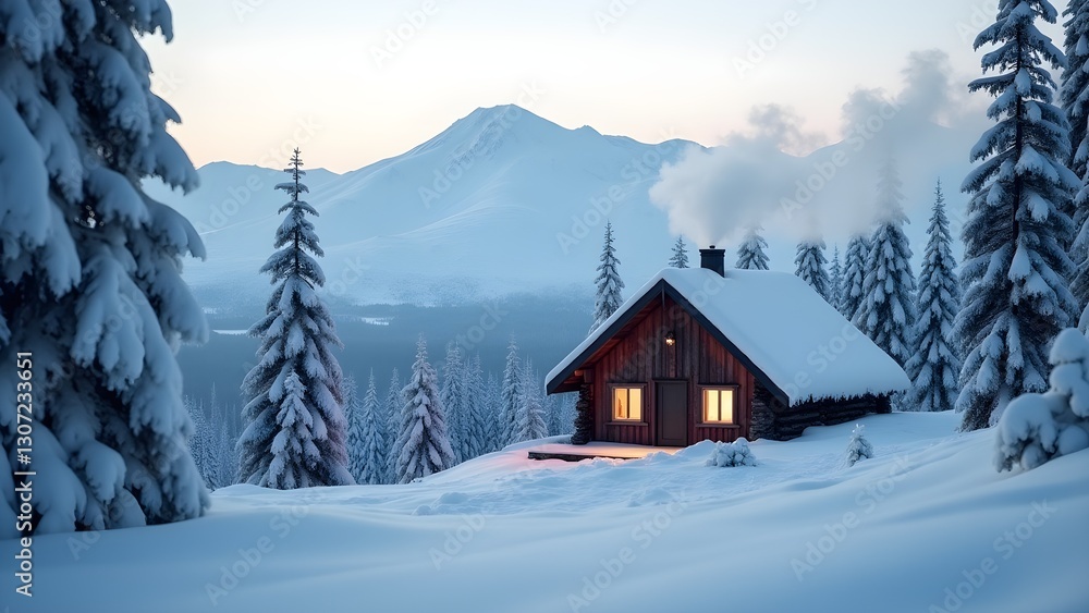 Snowy Cabin Retreat in Winter Landscape with Mountain Backdrop and Cozy Smoke Snowy Cabin Retreat in Winter Landscape with Mountain Backdrop and Cozy Smoke