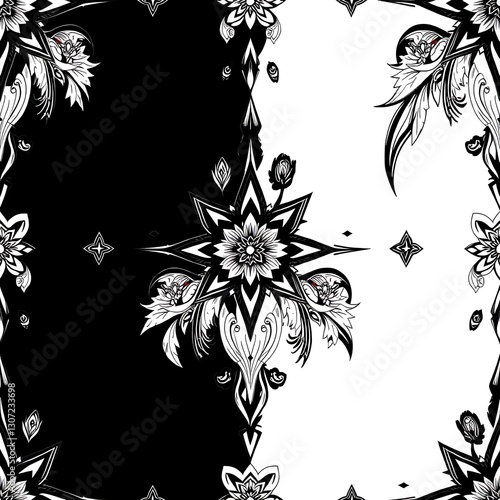 Artistic Yin-Yang Floral Pattern: A symmetrical composition of a captivating floral pattern in a black and white yin-yang design