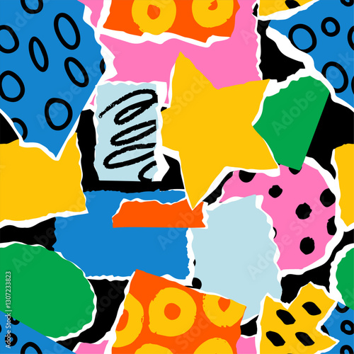 Color paper cut pieces. Patterned parts of cardboard. Torn fragments. Scrapbooking collage shapes. Kids hobby and creativity. Abstract doodle stickers. Garish vector seamless background