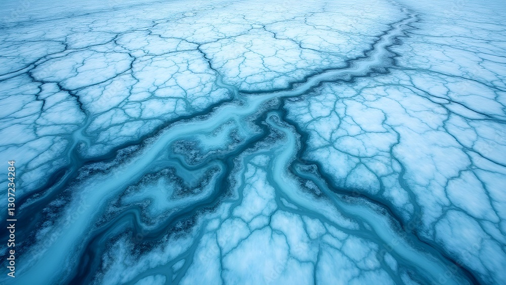 Naklejka premium Cracked Ice Surface Texture, Abstract Frozen Pattern in Winter, Cold Blue Nature Background