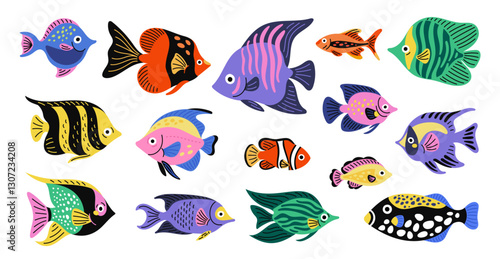 Cartoon exotic fish. Tropical ocean wildlife. Underwater color creatures. Little aquarium inhabitants. Bright goldfish. Marine animals swimming. Caribbean undersea pet. Garish vector set