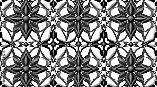 Geometric Floral Tile Pattern: An elegant repeating geometric floral tile pattern in black and white, creating a visually captivating and sophisticated design.
