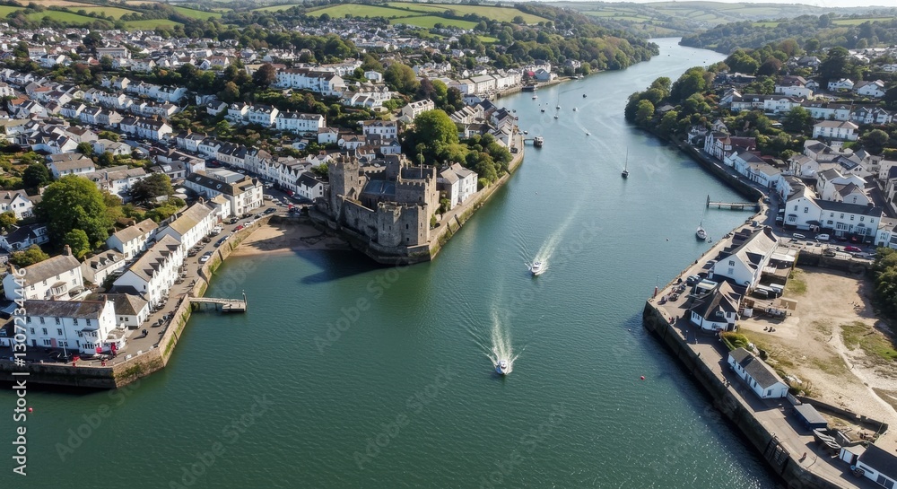 Aerial view of a river with boats, surrounded by quaint houses and greenery Aerial view of a river with boats, surrounded by quaint houses and greenery