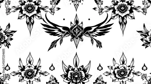 Ornamental Pattern with Roses and Wings: A seamless decorative pattern featuring stylized roses, elegant wings, and intricate floral motifs.