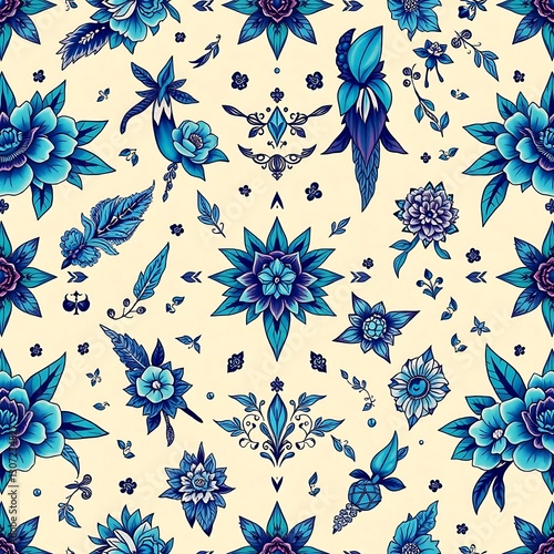 Floral Fantasy: An intricate floral pattern composed of stylized blooms in varying shades of blue creates a captivating textile design, perfect for backgrounds, wallpaper, or fabric.