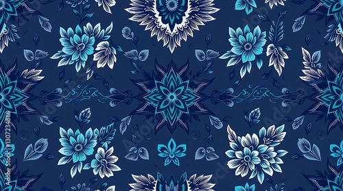 Floral pattern in Blue: A seamless intricate floral pattern featuring blue and white flowers, leaves, and ornamental elements on a navy background. creating a captivating visual texture.