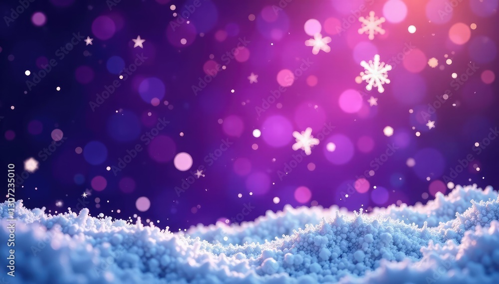 Fototapeta premium Sparkling, frosty snowflakes scattered on a vast purple Christmas background with twinkling stars, winter wonderland, frosty snow