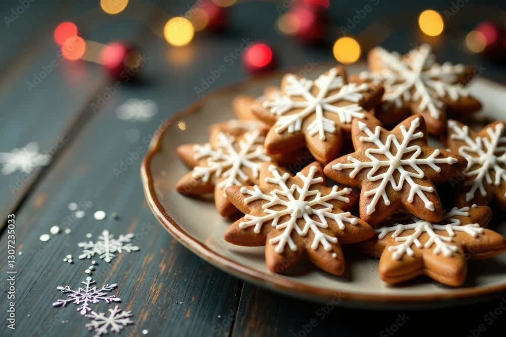 Sparkling snowflakes on a plate of gingerbread cookies, decorations, cookies Sparkling snowflakes on a plate of gingerbread cookies, decorations, cookies