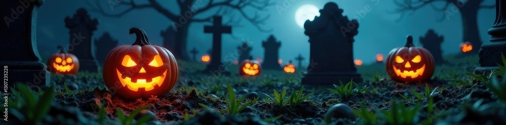 Spooky graveyard with glowing jack-o-lanterns on gravestones, spooky, supernatural Spooky graveyard with glowing jack-o-lanterns on gravestones, spooky, supernatural