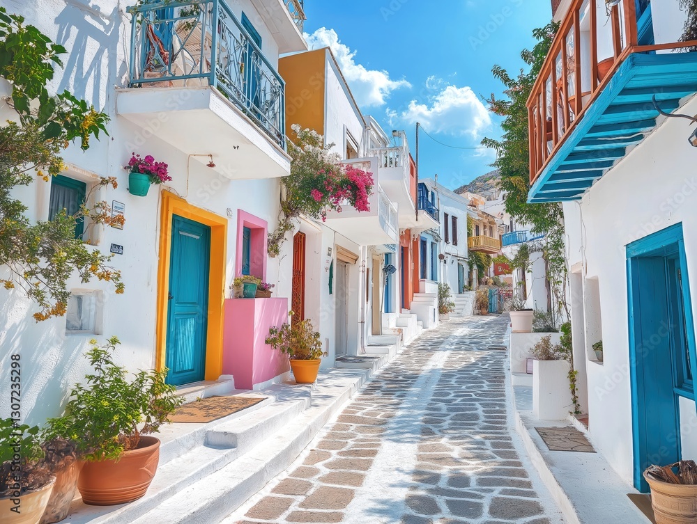 Obraz premium Sumptuous Summer Palette: High-Res Panorama of Pastel-Colored Greek Architecture under a Luminous Blue Sky.