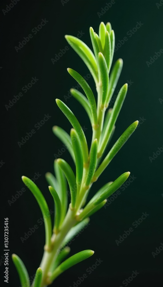 Sprig of fresh rosemary with needle-like leaves, sprig, foliage, botanical Sprig of fresh rosemary with needle-like leaves, sprig, foliage, botanical