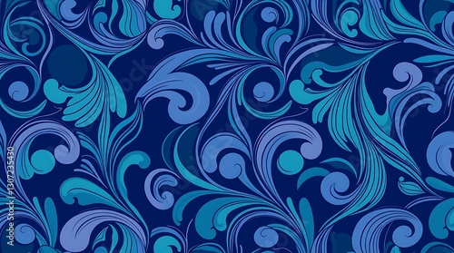 Swirls and Serenity: a captivating display of intricate blue floral patterns forming a seamless, elegant tapestry. 