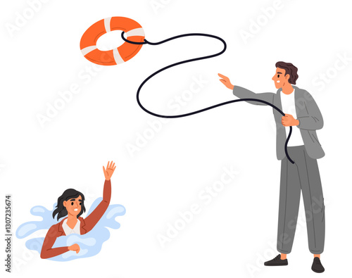 Business support and assistance. Man throwing lifebuoy to drowning woman in water. Urgent help or cooperation. Economy crisis. Businessman survival. People partnership. Vector concept