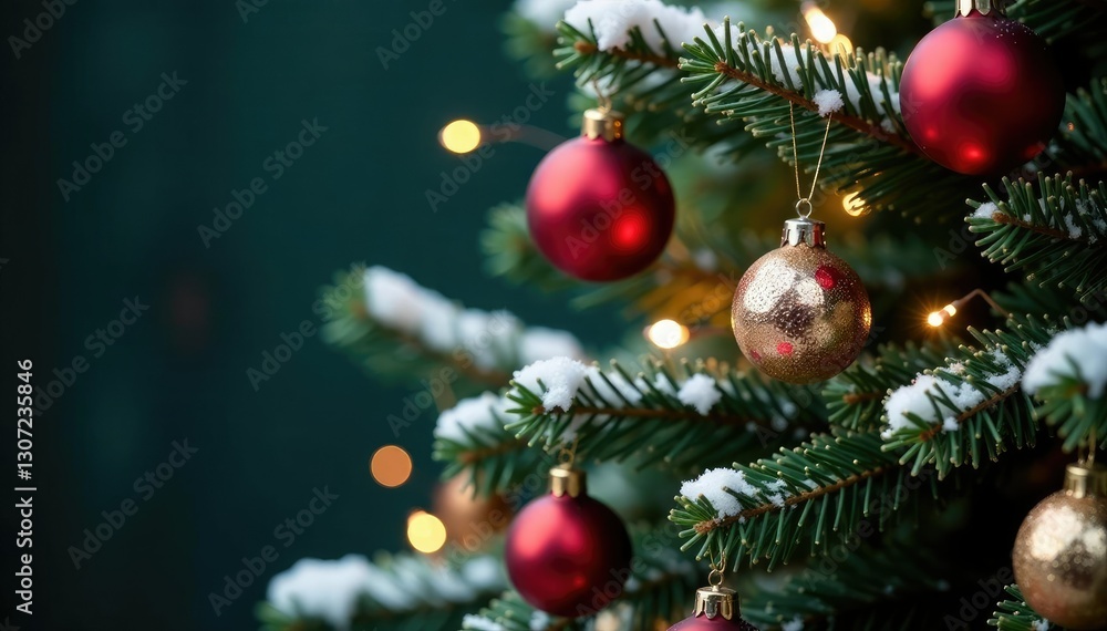 Spruce tree adorned with ornaments and sparkling fairy lights amidst snow-covered branches, decorations, festive, ornaments Spruce tree adorned with ornaments and sparkling fairy lights amidst snow-covered branches, decorations, festive, ornaments