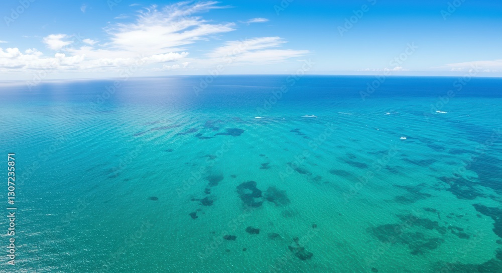 Aerial view of crystal-clear turquoise ocean with gentle waves and boats Aerial view of crystal-clear turquoise ocean with gentle waves and boats