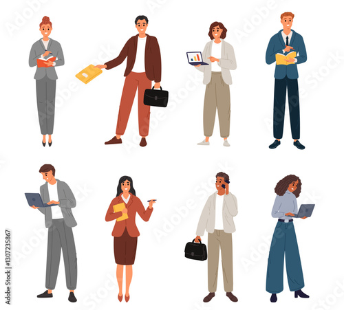 Business men and women. Office workers. Employees holding document folders, briefcases and laptops. Businessman clothing. Standing managers. Confident young persons. Vector people set