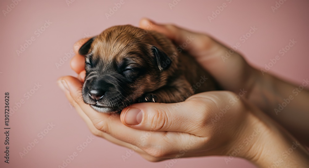 Tiny newborn puppy in caring hands - conveying innocence and fragility - for pet adoption campaigns Tiny newborn puppy in caring hands - conveying innocence and fragility - for pet adoption campaigns