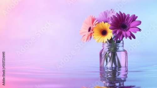Wallpaper Mural Colorful gerbera daisies in glass jar reflecting in water with pastel background. Torontodigital.ca