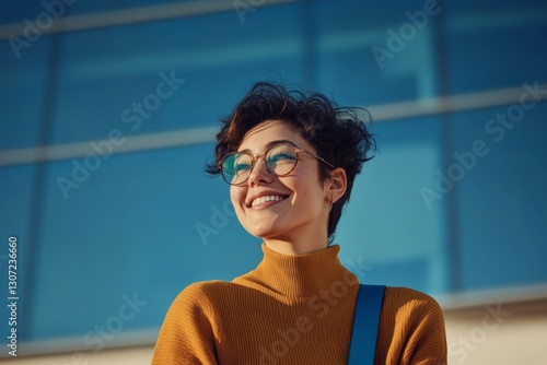 Young woman smiling outdoors in urban setting with modern architecture in the background during sunny day