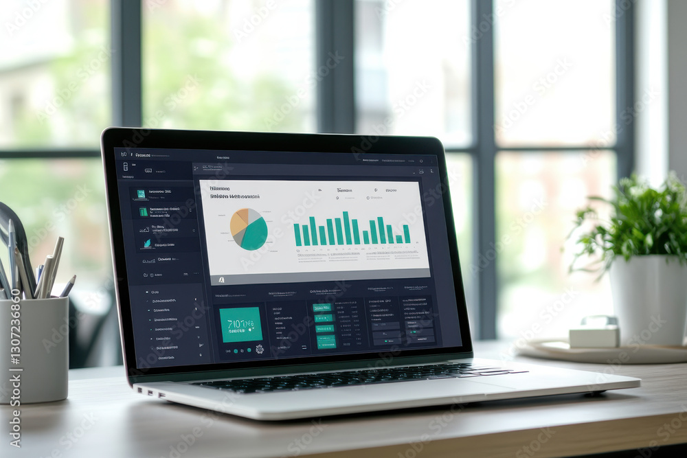 Laptop displaying business analytics dashboard in a modern office Laptop displaying business analytics dashboard in a modern office