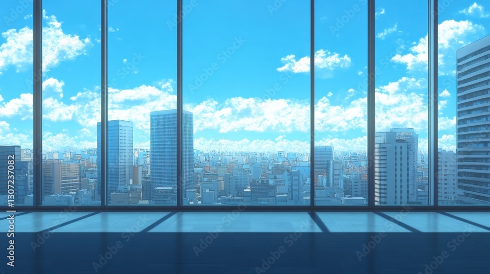 Fototapeta premium the expansive city view from a highrise window showcases a blend of architecture against a clear blue sky.