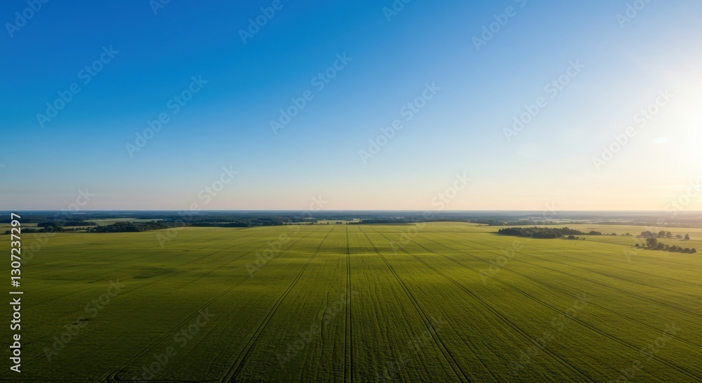 Obraz premium Expansive green farmland under a clear blue sky with distant trees and horizon