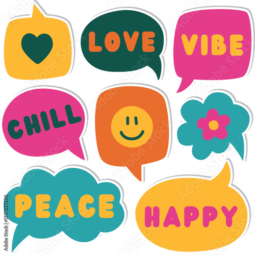 Set of bright stickers with hand drawn speech bubbles. Colorful illustration with hippie elements and text isolated on white background	