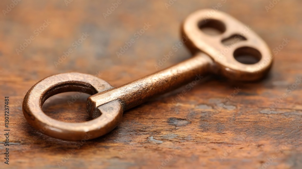 Antique Bronze Key on Wooden Surface Closeup