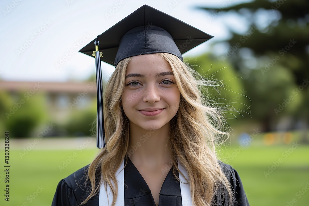 Graduation celebration of young woman university campus portrait outdoor smiling achievement
