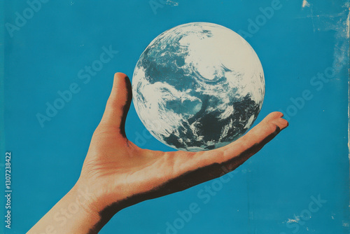 Hand holding Earth globe on blue background, ecology and environmental care concept
