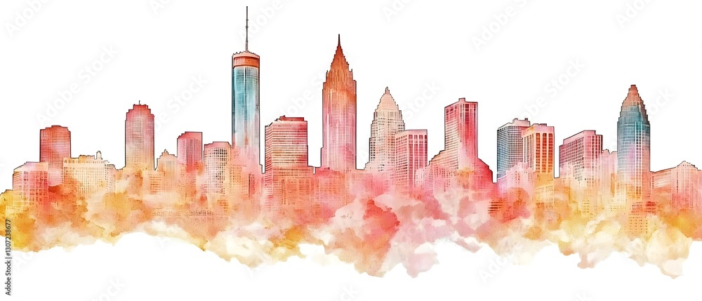 Obraz premium Beautifully crafted red watercolor of the Atlanta Georgia skyline showcasing the city s most famous landmarks and skyscrapers with fluid brushstrokes and texture