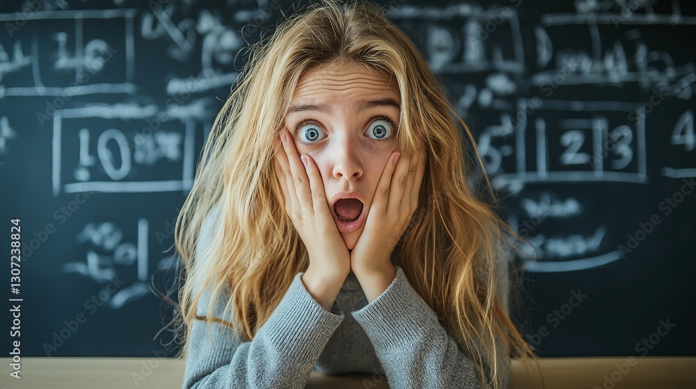 Close-up of student shocked by difficult math problem in learning environment Close-up of student shocked by difficult math problem in learning environment