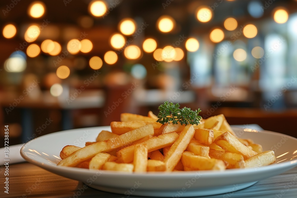 Delicious golden fries cozy restaurant food photography warm atmosphere close-up view culinary delight
