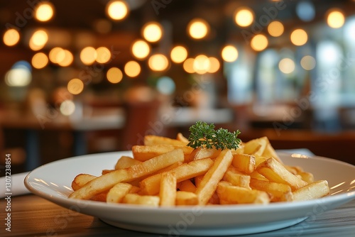 Obraz na płótnie Delicious golden fries cozy restaurant food photography warm atmosphere close-up view culinary delight w salonie