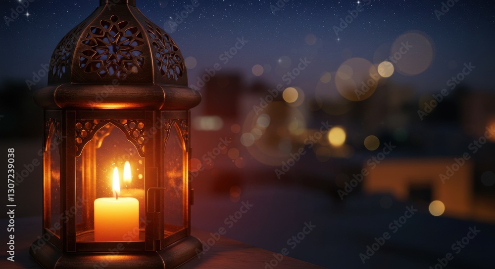 Illuminated Lantern with Candle on Rooftop at Night with City Lights, ramadan kareem background Illuminated Lantern with Candle on Rooftop at Night with City Lights, ramadan kareem background