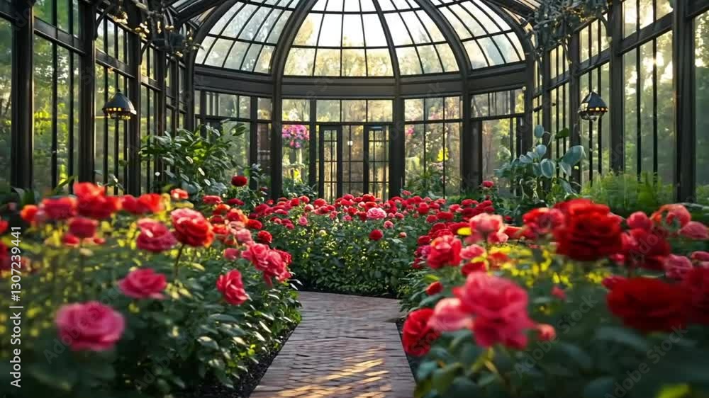 Greenhouse with Red Roses; Sunlight Streams Through Glass Roof; Inspiring Interior Garden; Perfect for Wallpaper or Interior Design Greenhouse with Red Roses; Sunlight Streams Through Glass Roof; Inspiring Interior Garden; Perfect for Wallpaper or Interior Design
