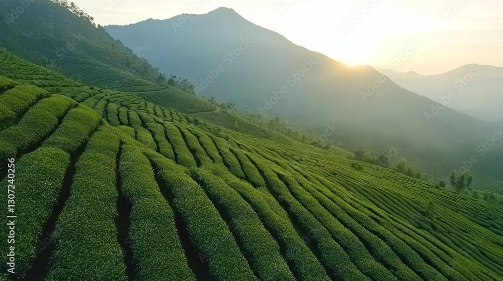 Obraz premium Lush Green Tea Fields Under Scenic Mountains at Sunrise