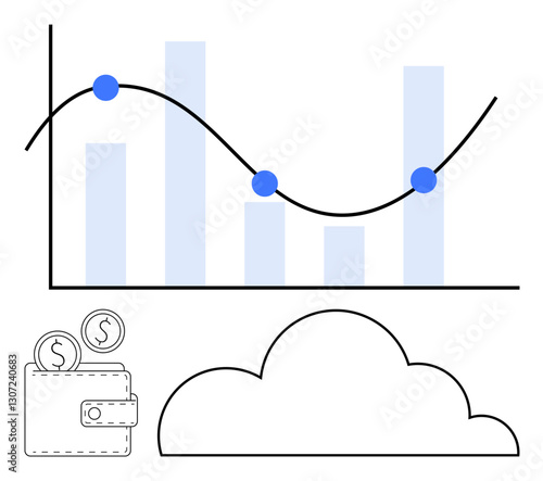 Bar chart with trendline and data points, wallet with coins, and cloud graphic. Ideal for finance, data analysis, online storage, economics, investments, business growth and technology themes