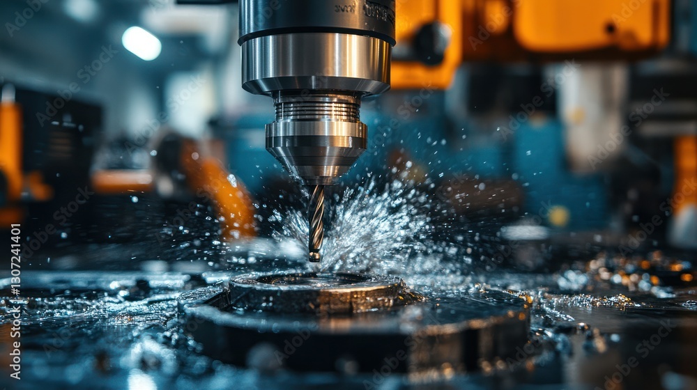 Close-up of CNC machine drilling metal with coolant spray. Close-up of CNC machine drilling metal with coolant spray.